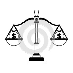 Justice balance with money bags in black and white