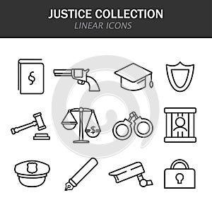 Justice collection linear icons in black on a white background