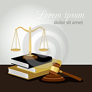Justice concept. Justice scales, judge gavel and law books vector illustration, legal and anti crime symbol