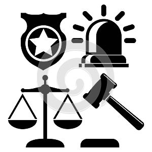 Justice, court, law order, police set icons in black color isolated on white background. EPS 10 vector
