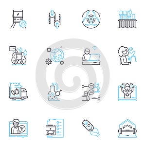 Justice fairness linear icons set. Equity, Impartiality, Equality, Righteousness, Integrity, Hsty, Truth line vector and photo