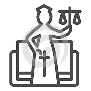 Justice figure line icon. Stylized goddess of justice, themis and book. Jurisprudence vector design concept, outline