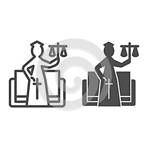 Justice figure line and solid icon. Stylized goddess of justice, themis and book. Jurisprudence vector design concept