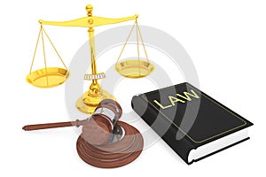 Justice gold scale, Law Book and wooden gavel