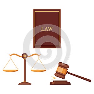 Justice hammer and scales, law isolated on white background. Judge gavel. Auction, judge cocept. Vector flat design