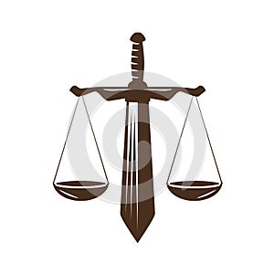 Justice, judgment icon. Law office, attorney, lawyer logo or label. Judicial scales and sword symbol, vector