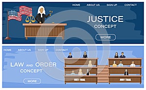 Justice and jury trial Vector flat style. Law order brochure templates. Page flyers justice concepts