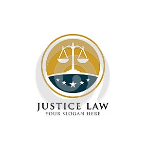 Justice law badge logo design template. emblem of attorney logo vector design with scales and star illustration