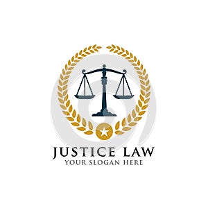 Justice law badge logo design template with scales vector illustration