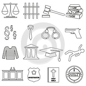 Justice and law black outline icons set eps10