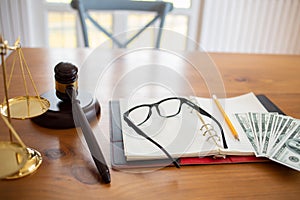 Justice law and books and wooden gavel tool on desk in Lawyer office.concept