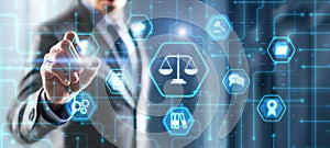 Justice and law concept. Icon Law on virtual screen. Blurred background