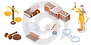 Justice and law, legal court isometric icons set