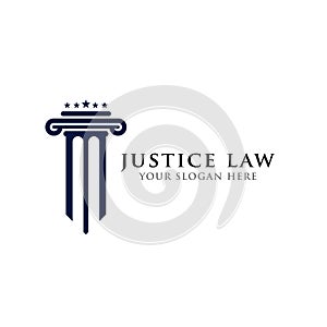 Justice law logo design stock. pillar and stars shape illustration vector icon