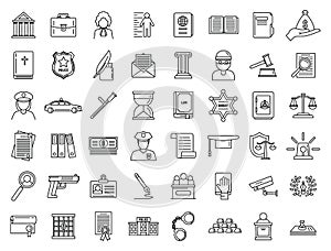 Justice legal icons set, outline style