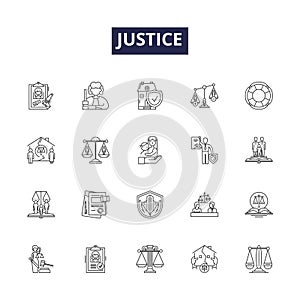 Justice line vector icons and signs. Equity, Fairness, Righteousness, Judge, Justice, Morality, Legality, Impartiality photo