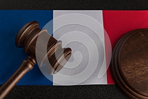 Justice mallet on France flag close up. Constitutional law. French legislation