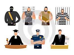 Justice people, prisoner and defendant, policeman, judge and lawyer