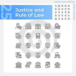 Justice and rule of law pixel perfect linear icons set