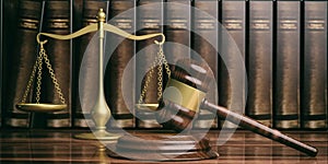 Justice scale, gavel and law books. 3d illustration