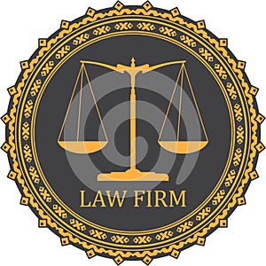 Justice scale icon with caption LAW FIRM