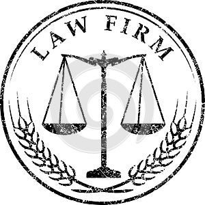 Justice scale icon with caption LAW FIRM in grunge rubber stamp