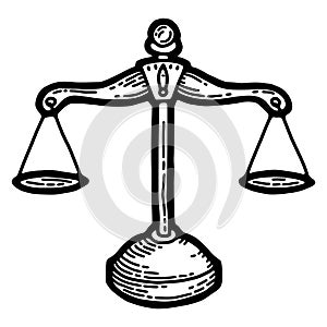 Justice scale. Vintage etching, crime balance, hand drawn libra object, lawyer or law sketch, freedom. Vector engraving