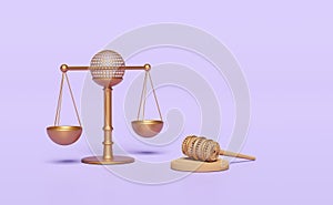Justice scales 3d with wooden judge gavel, hammer auction stand, icon isolated on blue background. law, justice system symbol