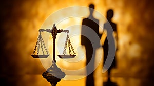 Justice scales against a couple, symbolizing family law. It embodies the legal balance crucial in marital, divorce, and