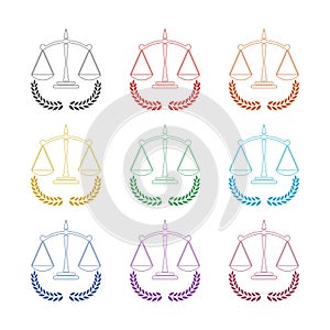 Justice scales icon. Judgement laurel wreath sign, color set