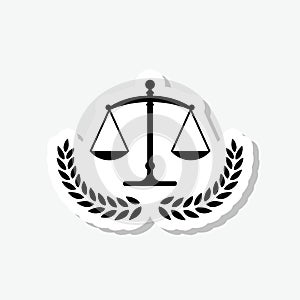 Justice scales icon. Judgement laurel wreath sticker isolated on gray background