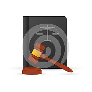 Justice scales and wood judge gavel. Wooden hammer with law code books. Vector illustration