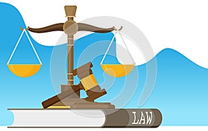 Justice scales and wooden judge gavel. Law hammer sign with books of laws. Legal law and auction symbol. Libra in flat design.