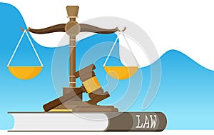 Justice scales and wooden judge gavel. Law hammer sign with books of laws. Legal law and auction symbol. Libra in flat design. photo