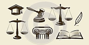 Justice set of icons. Lawyer, advocate, law symbol. Vector illustration photo