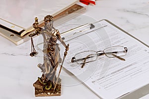 Justice statue with office workplace for lawyer legislation with gavel and document