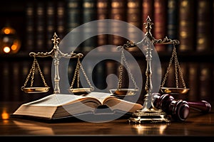 Justice tableau Law books, gavel, and scales symbolize legal authority
