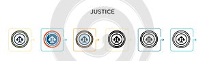 Justice vector icon in 6 different modern styles. Black, two colored justice icons designed in filled, outline, line and stroke