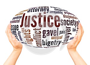 Justice word cloud hand sphere concept