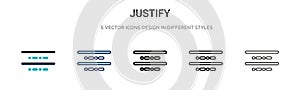 Justify icon in filled, thin line, outline and stroke style. Vector illustration of two colored and black justify vector icons