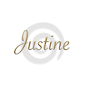 Justine  - Female name . Gold 3D icon on white background. Decorative font. Template, signature logo.