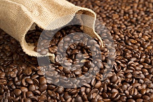 Jute bag on coffee beans