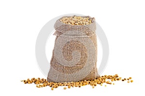Jute sack with dried soja beans photo
