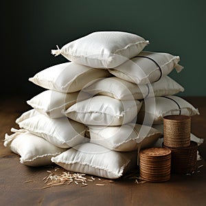 Jute sacks filled with rice and wheat with a plain background and organic agricultural rice fields