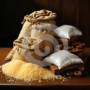 Jute sacks filled with rice and wheat with a plain background and organic agricultural rice fields