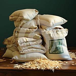 Jute sacks filled with rice and wheat with a plain background and organic agricultural rice fields