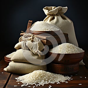 Jute sacks filled with rice and wheat with a plain background and organic agricultural rice fields