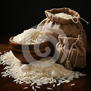 Jute sacks filled with rice and wheat with a plain background and organic agricultural rice fields