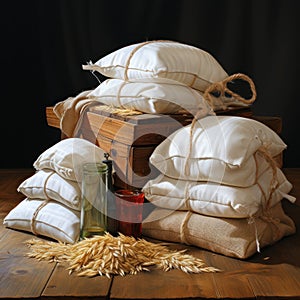 Jute sacks filled with rice and wheat with a plain background and organic agricultural rice fields