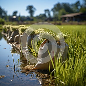 Jute sacks filled with rice and wheat with a plain background and organic agricultural rice fields